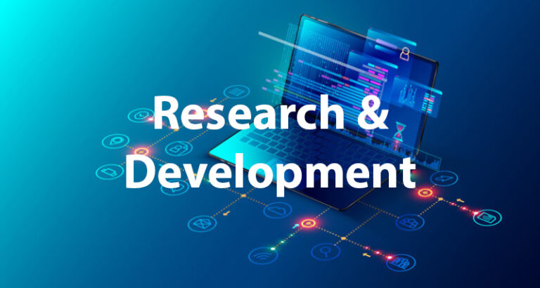 Research and development graphic: a laptop and circuit lines